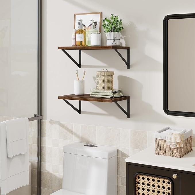 Floating Shelves for Wall,18" Wall Mounted Shelves Set of 2,Wood Floating Shelf with Bracket,Sturdy Metal Bracket Bookshelves Home Decor Storage for Living Room,Bedroom,Bathroom,Kitchen,Walnut