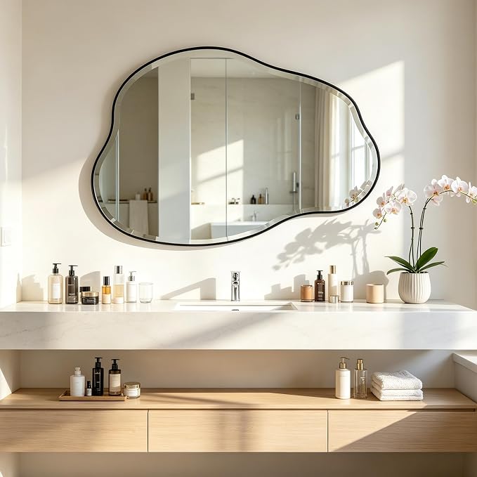 POZINO Irregular Beveled Wall Mirror, 36" x 24" Asymmetrical Vanity Mirror with Metal Frame, Organic Cloud Shaped Mirror for Bathroom Entryway Living Room Bedroom, Horizontal or Vertical Hanging