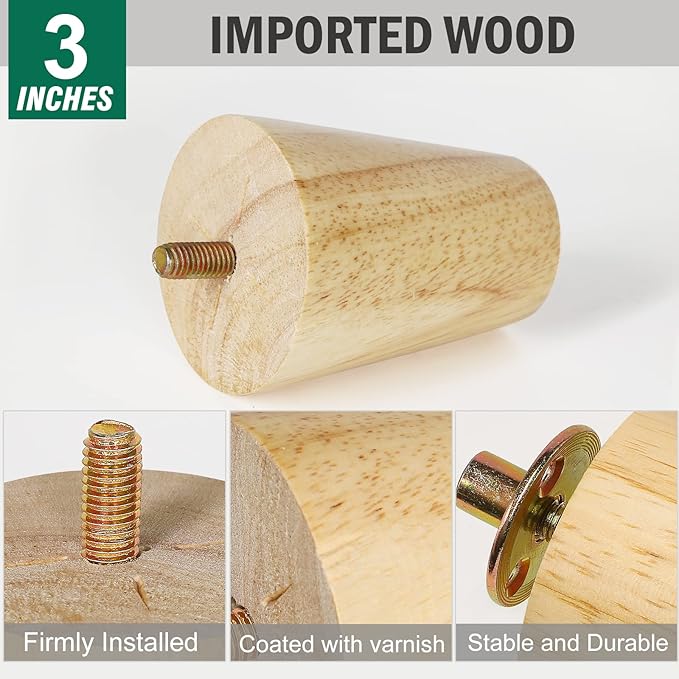 FoDau770 Rubber Wood Furniture Legs 3 Inches, Straight Tapered Wood Feet Mid Century Sofa Legs Set of 8, 5/16" UNC Furniture Feet Replacement Parts for Cabinet Couch Dresser Chair Ottoman Table