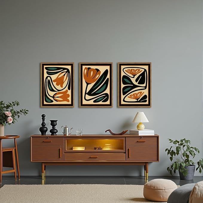 Mid Century Floral Wall Art Set of 3, Modern Abstract Botanical Wall Decor Picture, Vintage Boho Eclectic Plant Canvas Prints Paintings for Bedroom Living Room 16x24 inch Framed