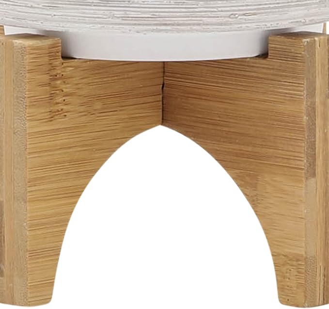 Modern Ceramic Planter with Wooden Stand – Stoneware Plant Pot Holder, Stylish Indoor & Outdoor Home Decor for Living Room, Bedroom, Office, or Garden, Plant Stand Indoor – 6", Gray & White