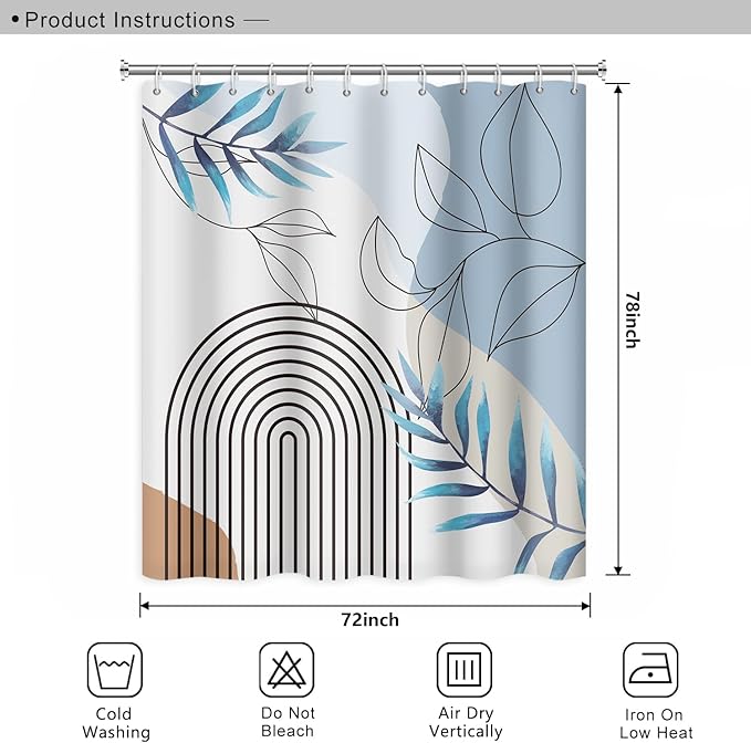 Abstract Mid Century Bathroom Shower Curtain - Bohemian Eucalyptus Leaves Stripes Arch Light Blue With Hooks, Waterproof Fabric Polyester Home Decor, 72x78 Inch