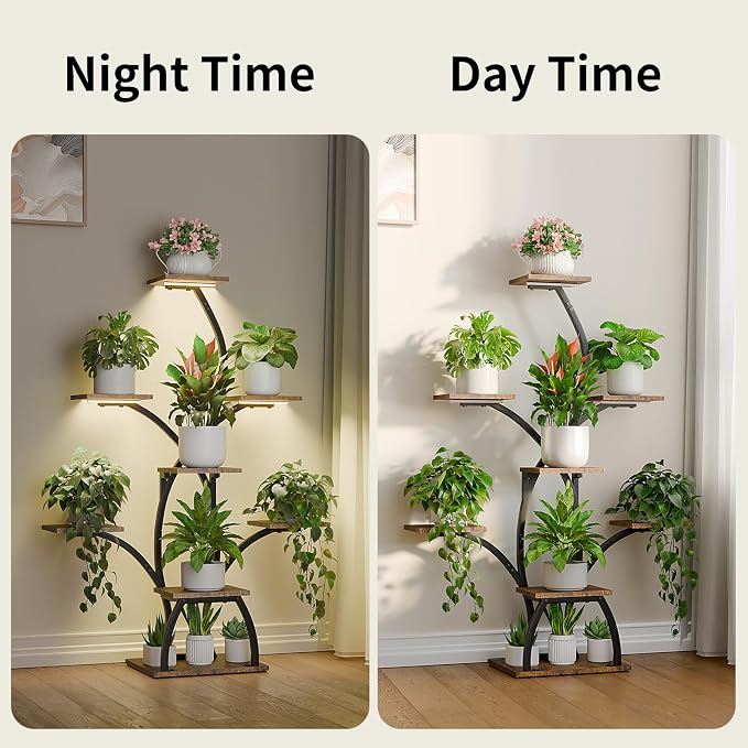 CODACE Plant Stand Indoor with Grow Lights, 6 Tiered Plant Shelf Indoor, 50" Corner Plant Stands for Indoor Plants, Lighted Tree-Shaped Plant Holder, Tall Flower Display Rack for Living Room