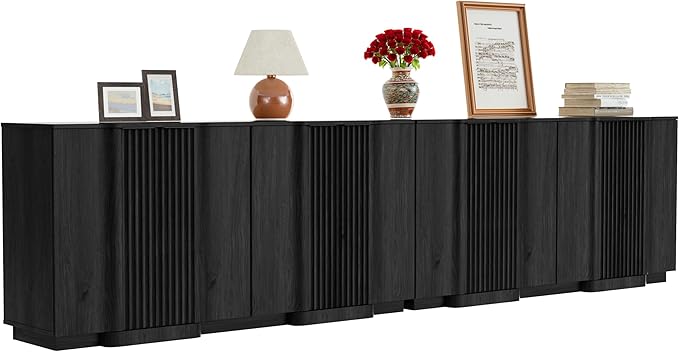 Yechen Buffet Cabinet with Storage, 118" Accent Sideboard Modern Credenza with Doors & Adjustable Shelves Fluted Media Console Wood Coffee Bar Table for Living Kitchen Dining Room Black(8 Doors)