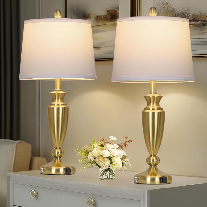 Rinweey 27'' Gold Table Lamps for Living Room with White Lampshade, 3 Way Touch Control Bedside Lamps Set of 2 with USB A+C Ports, Modern Metal Nightstand Lamp for Bedroom Office End Table