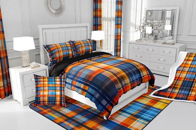 Erosebridal Boys Girls Plaid Comforter Cover Twin Orange Blue Checkered Duvet Cover for Kids Teens Buffalo Grid Stripes Geometric Bedding Set Rustic Farmhouse Style Bed Set with Zipper