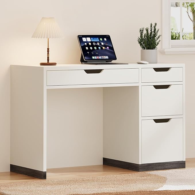 48 Inch White Desk with Drawers, Small Desk with 4 Storage Drawers for Kids, Computer Study Desk with Filing Drawers for Home Office