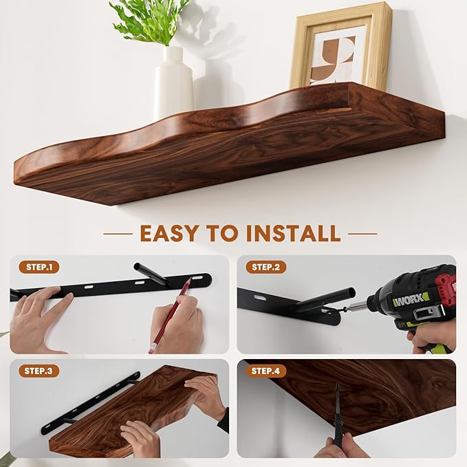 Floating Shelves for Wall, 24 inch Rustic Wooden Floating Shelves, Wall-Mounted Floating Bookshelf, Hanging Shelves with Unique Natural Grain for Living Room, Bedroom, Kitchen (Walnut Color)