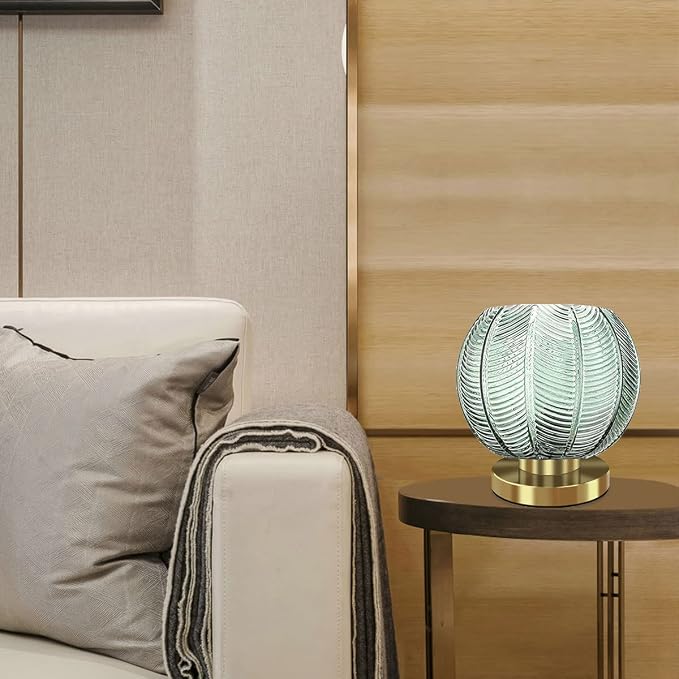 mid Century Modern Table lamp Gold Desk lamp with Green Ribbed Glass Shade Bedside Table lamp Art Deco lamp Small Table lamp for Bedroom Living Room Office