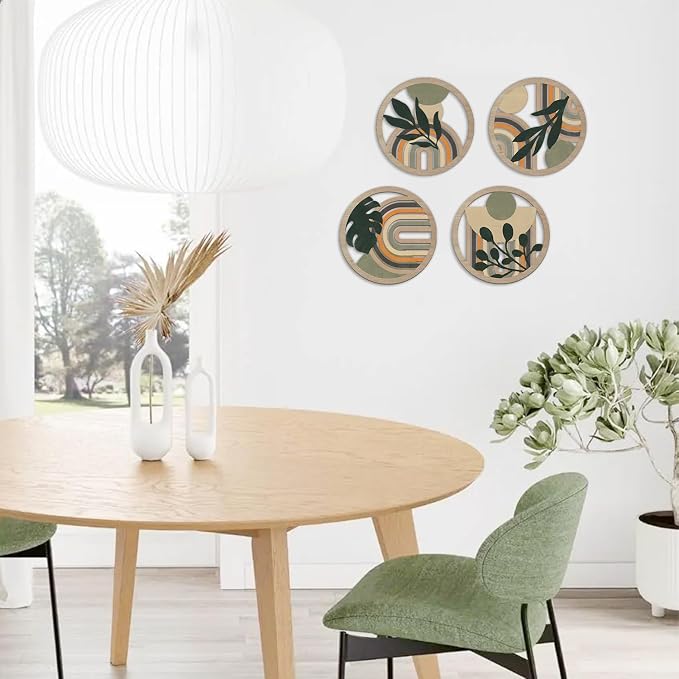 TOARTi 4Pieces Boho Botanical Wooden Wall Art Abstract Bohemian Hanging Sign Farmhouse Geometric Neutral Round Wall Decor Mid Century Minimalist Aesthetic Plant Artwork for Bedroom Living Room Office Decor