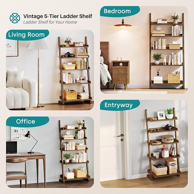 Walnut Wooden Ladder Shelf with Edges - 5 Tier Leaning Ladder Bookshelf Shelf Bookcase for Saving Space, Solid Wood Book Shelf for Living Room, Bedroom, Home Office, 23.6" Dx15.7 Wx55.1 H