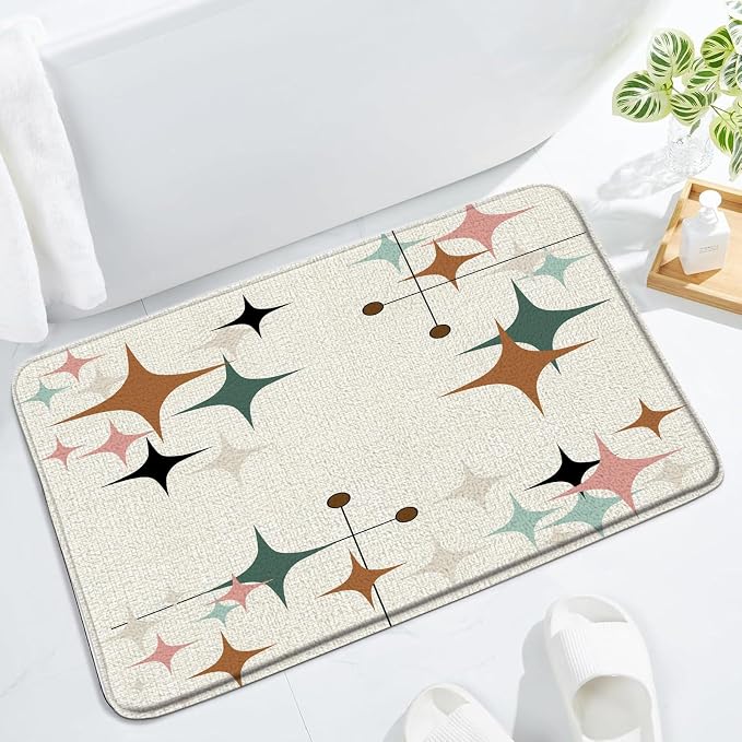 Mid Century Bath Mat Retro Atomic Stars 1950s 1960s Vintage Geometric Pattern Abstract Iconic Modern Brown 17.7x29.5 Inches Indoor Outdoor Floor Rugs