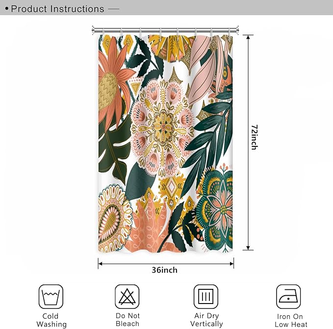 Bohemian Floral Bathroom Shower Curtain Boho Abstract Tropical Leaves Flowers with Hooks Polyester Waterproof Fabric Paisley Unique Trendy Woman Decor, 36x72 Inch
