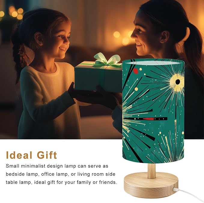 Bedside Table Lamp Atomic Seamless Atomic Starburst Mid Century Modern Green Black Blue 16-Way Dimmable Small Desk Lamp with Round Flaxen Fabric Shade for Nightstand Bedroom Living Room Home Decor