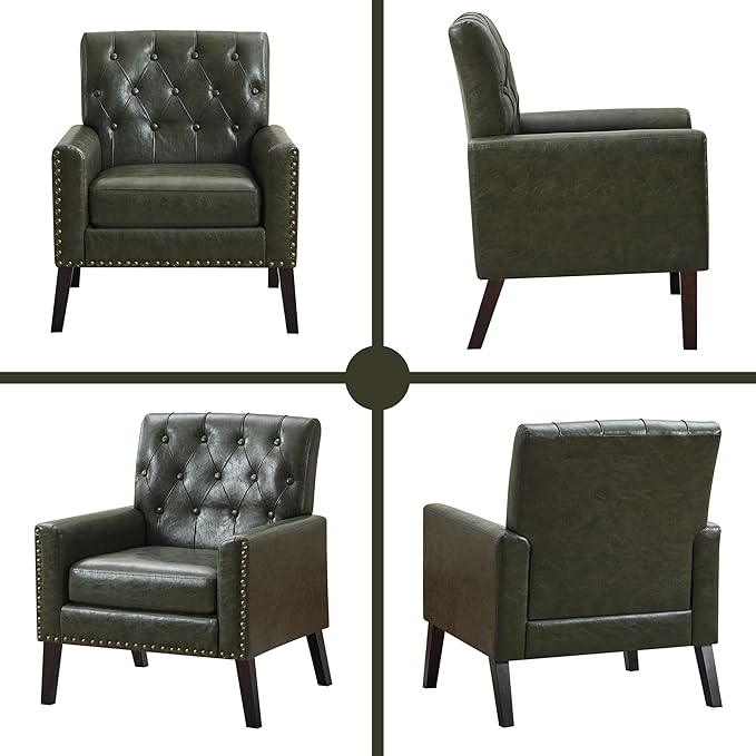 Mid Century Modern Accent Chair, Dark Green Faux Leather Office Chair for Reception - Tufted Leather Club Chair for Living Room, Bedroom, or Waiting Room
