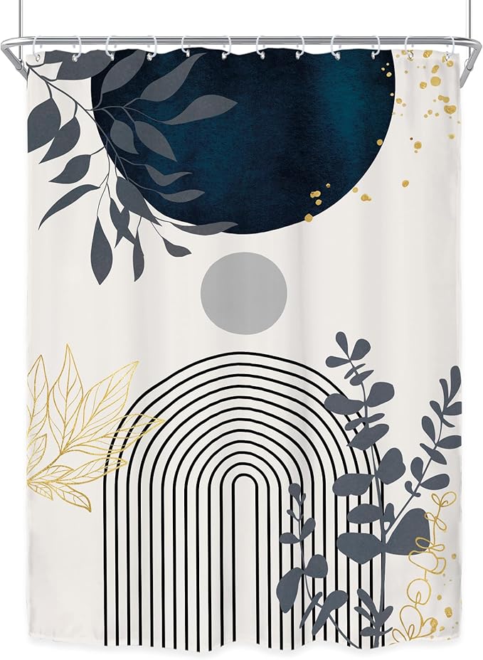 Riyidecor Extra Wide Boho Navy Blue Shower Curtain for Bathroom Decor 54Wx78H Short Plants Abstract Boho Modern Mid Century Art Printed Fabric Polyester Waterproof 12 Pack Plastic Hooks