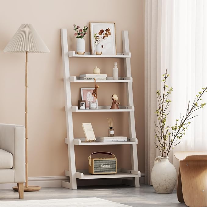 AQIMUELE White Wooden Ladder Shelf with Edges, 5-Tier Modern Leaning Bookshelf Ladder – Stylish Space-Saving Bookcase for Living Room, Bedroom & Home Office