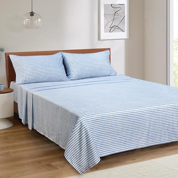 Mejoroom Striped King Size Sheet Set - Soft Microfiber Bed Sheets,Deep Pocket Fitted Sheet, Soft, Breathable, Wrinkle & Fade Resistant - 4 Piece (Blue Stripe)