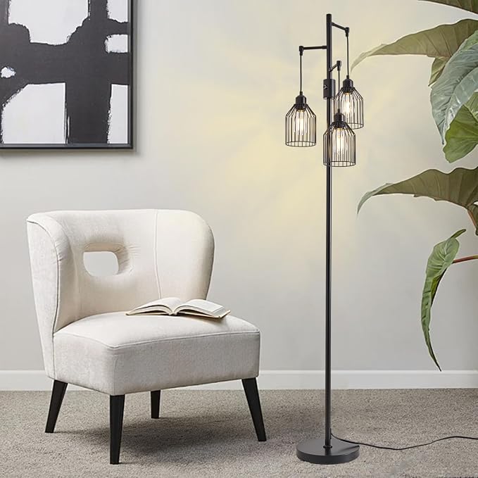 Dimmable Industrial Floor Lamp with 3 Cage Heads, 68.5" Black Tree Standing Lamp with Stepless Dimming, Modern Farmhouse Tall Pole Light for Living Room, Bedroom, Office, E26 Base (Bulbs Included)
