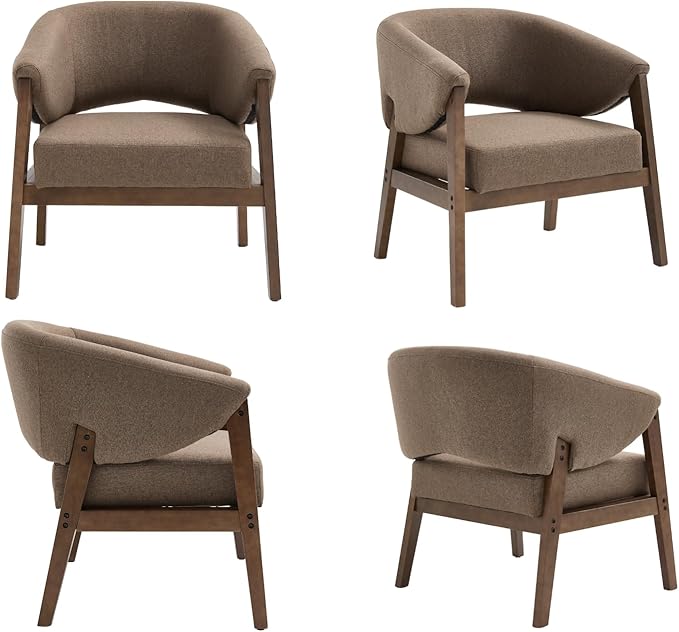 CIMOTA Mid-Century Modern Accent Chair, Comfy Barrel Armchair with Wide Seat, Upholstered Lounge Chair with Walnut Wood Legs for Living Room/Bedroom/Reading Corner, Linen Fabric, Brown, 1PC