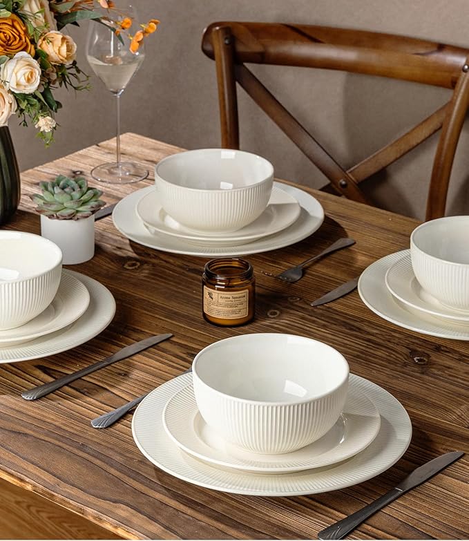 TheTerra Stoneware Dinnerware Sets for 6, 18 Pieces Ceramic Plates and Bowls Sets, Scratch Resistant Embossed Dish Set, Oven, Microwave & Dishwasher Safe, Reactive White