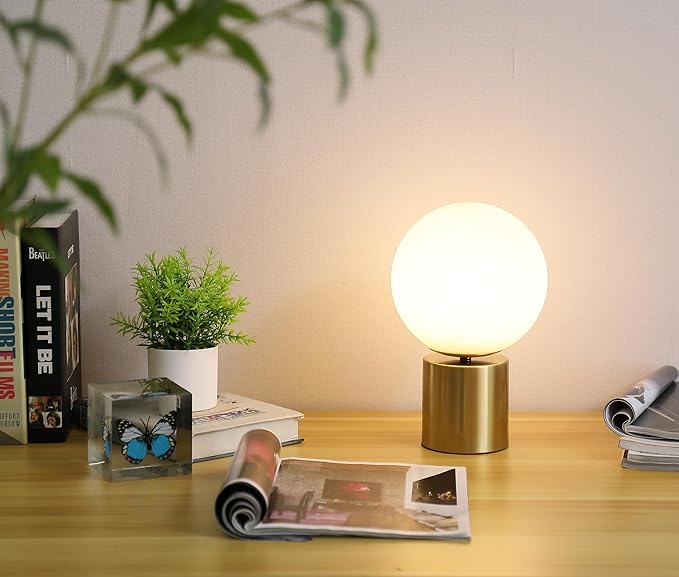 11 Inch Modern Mid Century Gold Globe Table Lamp,Round Bedside Nightstand Lamp with White Glass Shade Metal Base Desk Lamp for Bedroom Living Room End Table