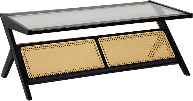Bamboo Coffee Table, Accent Rattan Coffee Table with Glass Top, Mid-Century Wooden Center Tables, Modern Sofa Side Tea Tables with Storage for Living Room, Black
