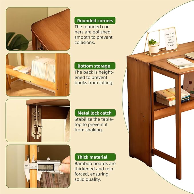 32.68" Space Saver Transformer Desk, Skinny Mid Century Modern Writing Table, Bamboo Foldable Study Table for Small Spaces, Compact Computer Desk for Bedroom Home Office Dorm Apartment (Natural)