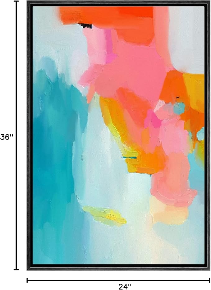 MUDECOR Framed Canvas Print Wall Art Neon Pink Blue Pastel Watercolors Abstract Shape Illustrations Modern Art Decorative Bohemian Colorful Chic for Living Room, Bedroom, Office - 24"x36" Black