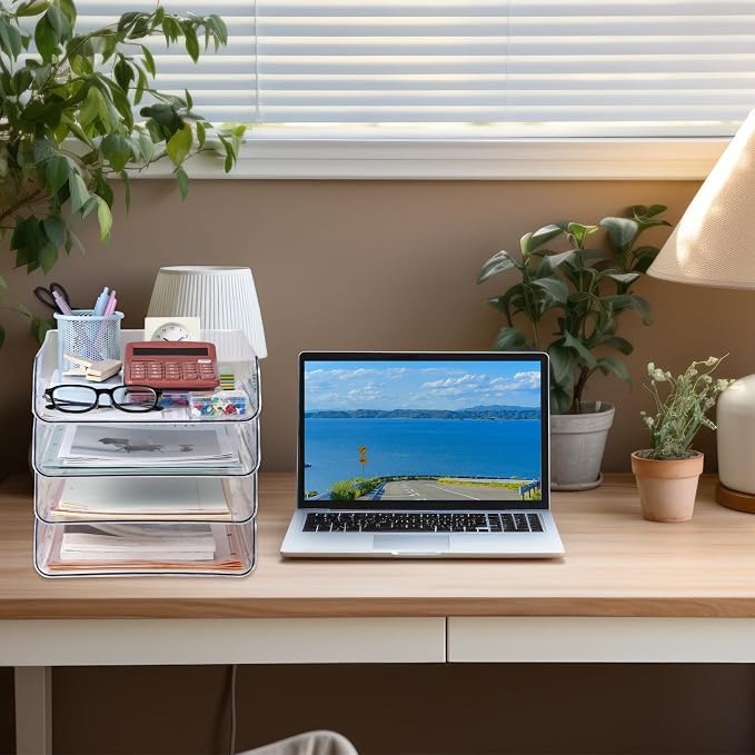 4 Pack Paper Organizer Letter Tray Plastic Stackable Desk File Organizer 12.99 x 10.43 x 2.95 Inch Clear Paper Holder File Tray for Desk Accessories Office Organization and Storage