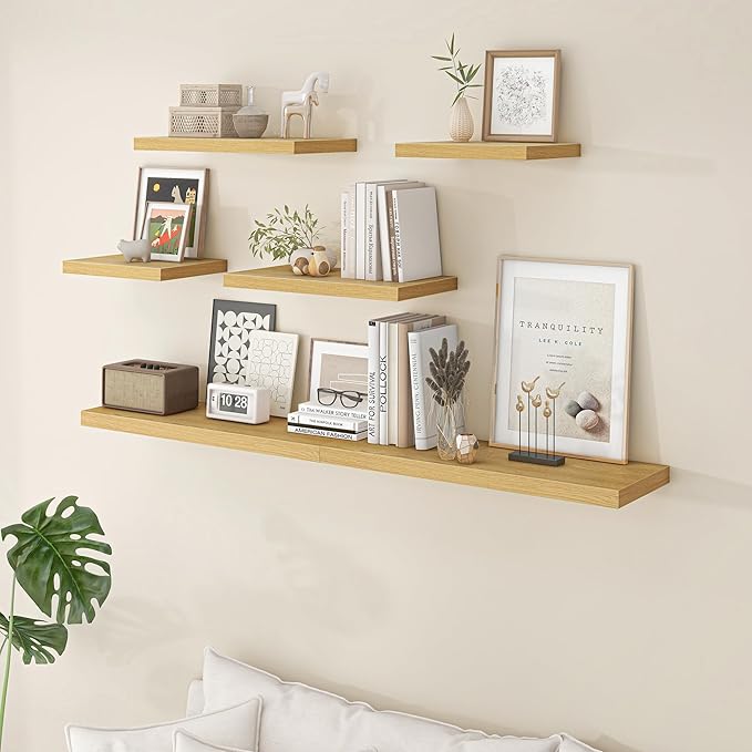 Fun Memories Floating Shelves - 2 Pack 12 Inch Deep Rustic Wooden Wall Shelves - Extra Deeper & Thicker Wall Mounted Storage Shelf for Living Room, Kitchen, Farmhouse - 24" W x 12" D x 1.5" H - Oak