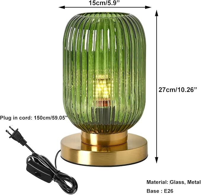 Glass Table Lamps Mid Century Modern Globe Table lamp Gold Desk lamp nightstand lamp with Green Pumpkin Design Ribbed Glass Bedside Table Lamp for Bedroom Living Room Office