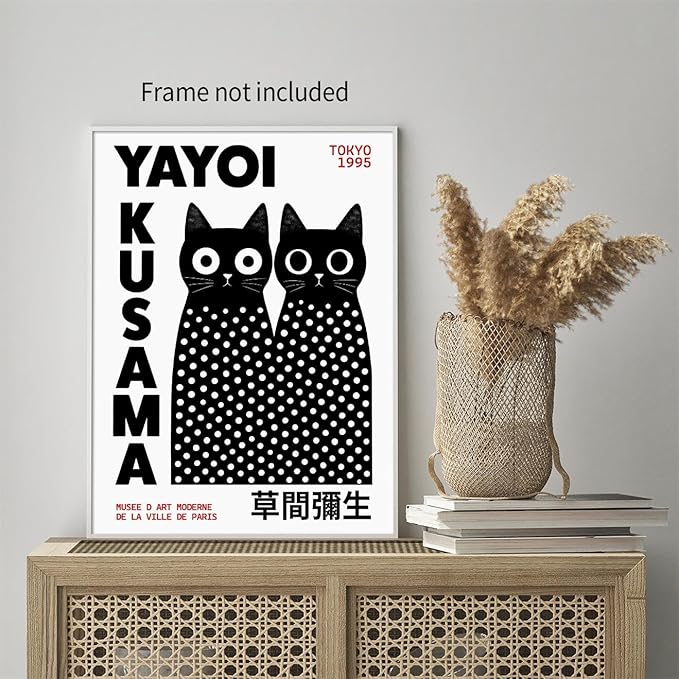 EOLRCIG Black and White Cute Abstract Cat Wall Art Japanese Yayoi Kusama Canvas Poster Modern Fashion Minimalist Painting for Living Room Wall Decor 24X36 inch Unframed Cat Lover Gifts