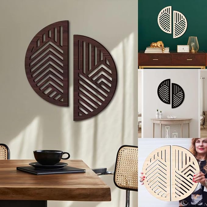 Hollow Round Wood Art Wall Decor, Modern Vintage Wooden Round Wall Sculptures, Half Round Wall Decor Hanging Abstract Panel 3D Geometric Wood Wall Art Decor for Home Office Living Room Bedroom (Brown)