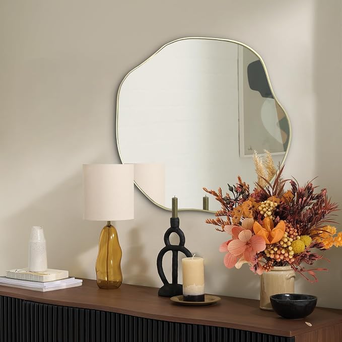 POZINO Scalloped Irregular Mirrors, 25" Asymmetrical Frameless Art Deco Mirror for Wall, Gold Wavy Decorative Accent Mirrors for Entryway Living Room Bedroom Fireplace, Horizontal or Vertical Hanging