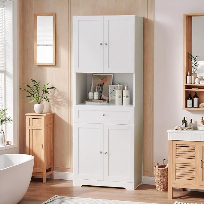 Tall Bathroom Storage Cabinets with Drawer, Modern Linen Cabinet with Doors & Shelves, 67"H Tall Storage Cabinet Freestanding for Bathroom, Dining Room, Kitchen & Pantry, Laundry, Narrow Corner, White