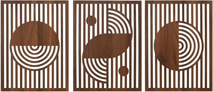 pechpell Set of 3 Mid Century Modern Wall Art, 15.7×11.8 Inch Brown Wooden Abstract Wood Wall Panels, Minimalist Geometric Decor for Living Room Bedroom Rustic Farmhouse Home Decorations