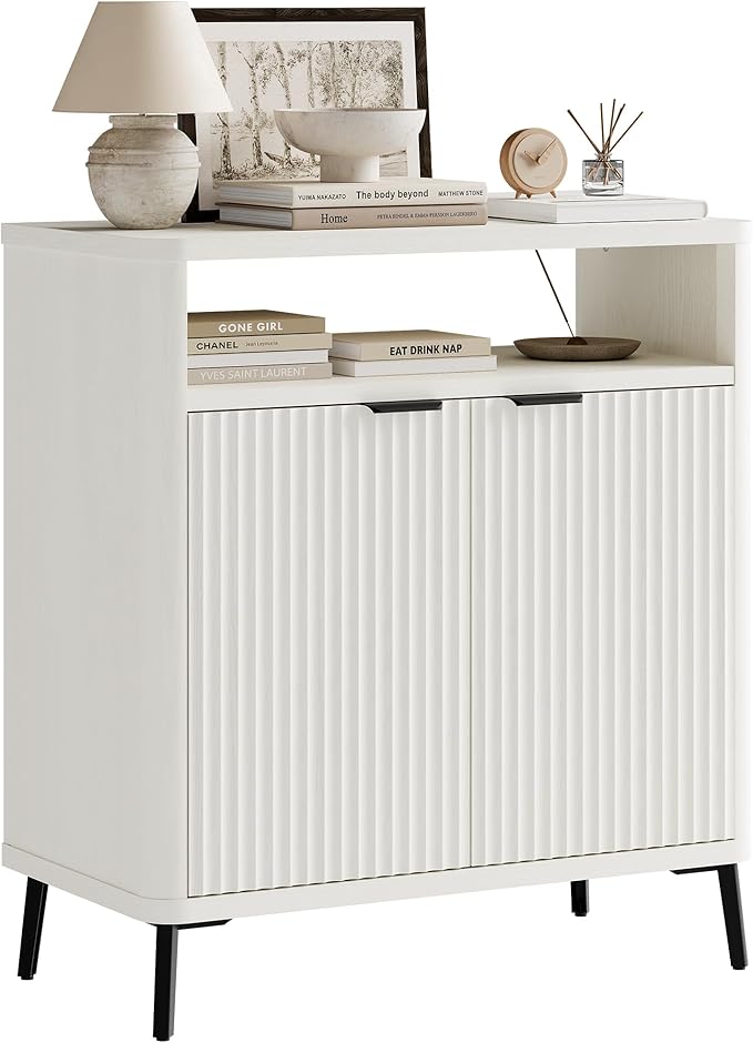 Buffet Sideboard Cabinet with Storage, Fluted Coffee Bar with 2 Doors and Adjustable Shelves, 34'' Modern Wood Cabinet for Dinning Room, Kitchen, Living Room,Coffee Bar (White)