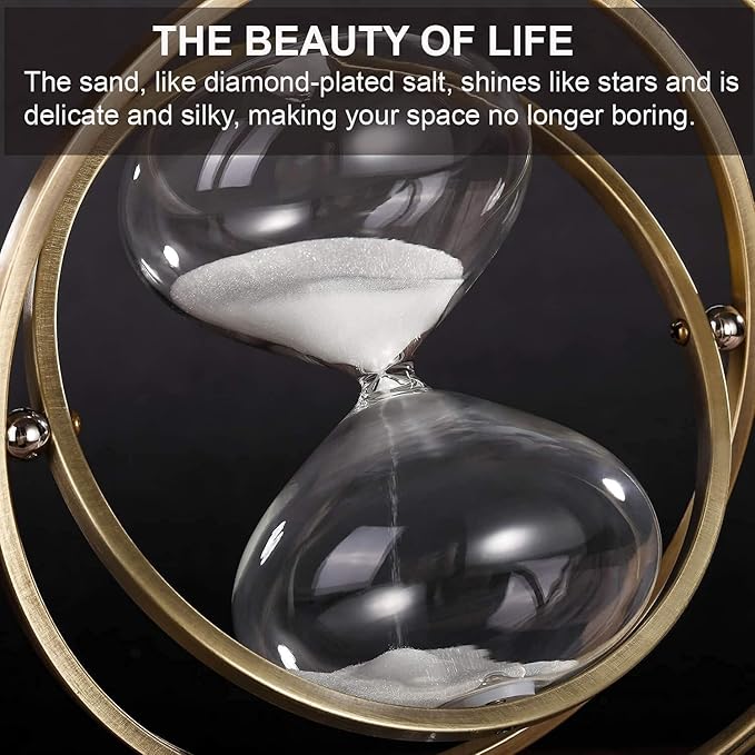 Brass Hourglass 60 Minute, 720° Rotating Vintage Metal Sand Timer, Large White Sand Watch 60 Min, Unique 1 Hour Glass Sand Clock for Gifts, Wedding, Home, Desk, Office Decoration,Adults (White)