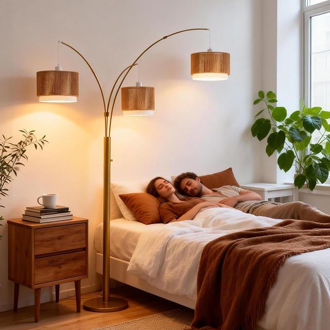 Gold Arc Floor Lamp for Living Room, Mid Century Floor Lamp with Stepless Dimmable Switch, Boho Standing Lamp with Wicker&Fabric Shade, Rattan Tall Lamp for Bedroom Over Couch Reading