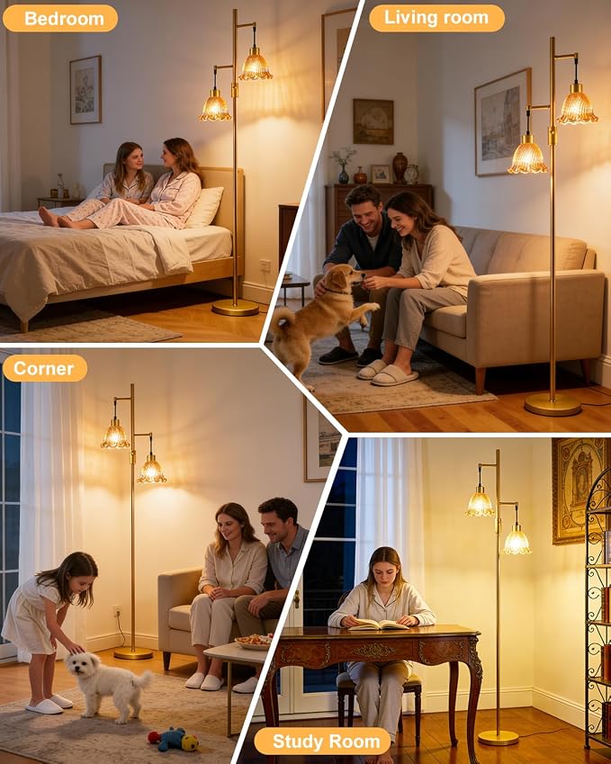 2-Light Modern Glass Floor Lamp, Gold Tall Standing Lamp with Amber Bell Glass Shade for Reading, Dimmable LED Floor Lamp with 5Lbs Heavy Base for Living Room Bedroom Home Decor, Bulb Included