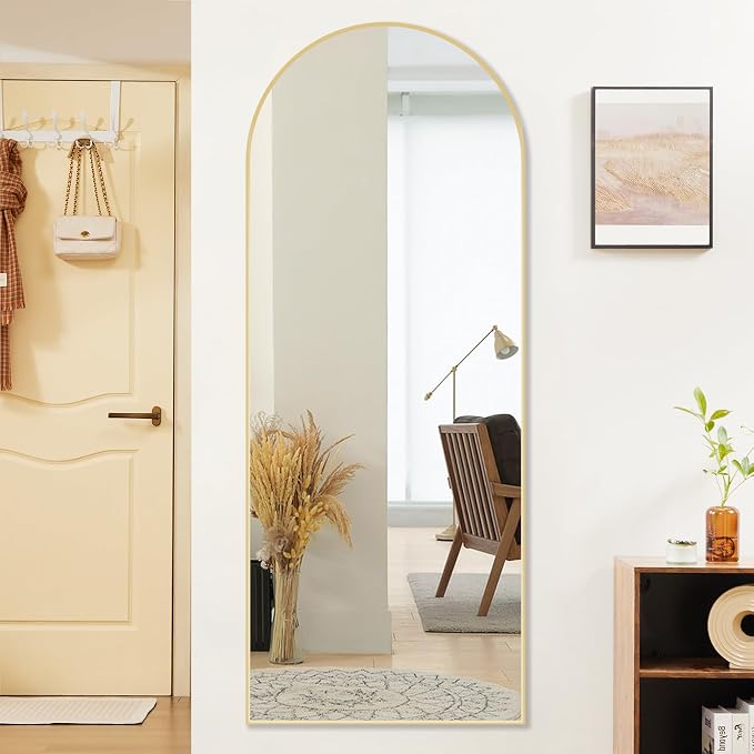 OLIXIS 64"x 21.5" Arched Mirror Full Length, Full Body Mirror with Stand, Hanging or Leaning for Wall, Floor Standing with Shatter-Proof Glass for Bedroom, Living Room, Long, Gold