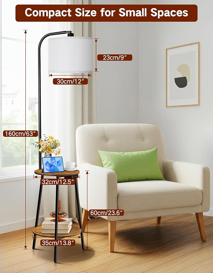 Floor Lamp with Round Table, Dimmable LED Standing Lamp with Remote, 3 Color Temperatures, Side Table with Charging Station, Space-Saving End Table for Living Room, Bedroom, Office