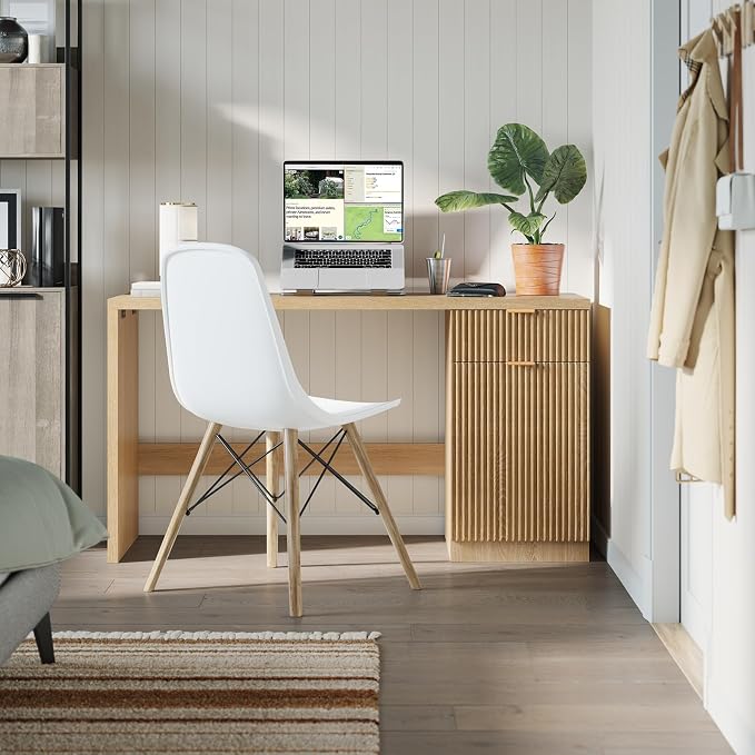 IDEALHOUSE Fluted Executive Desk with Drawers, 60" Modern Home Office Desk with Storage Cabinet, Wood Fluted Computer Desks Workstation for Working, Studying, Writing, Natural Oak