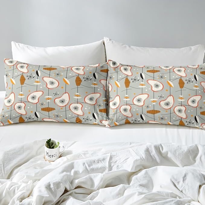 Erosebridal Grey Old Fashion Duvet Cover Twin Abstract Atomic Bedding Set, Brown Red White Aestheitc Comforter Cover Boho Mid Century Bed Set, Minimalism Lines Bedding 2 Pieces (Zipper Closure)