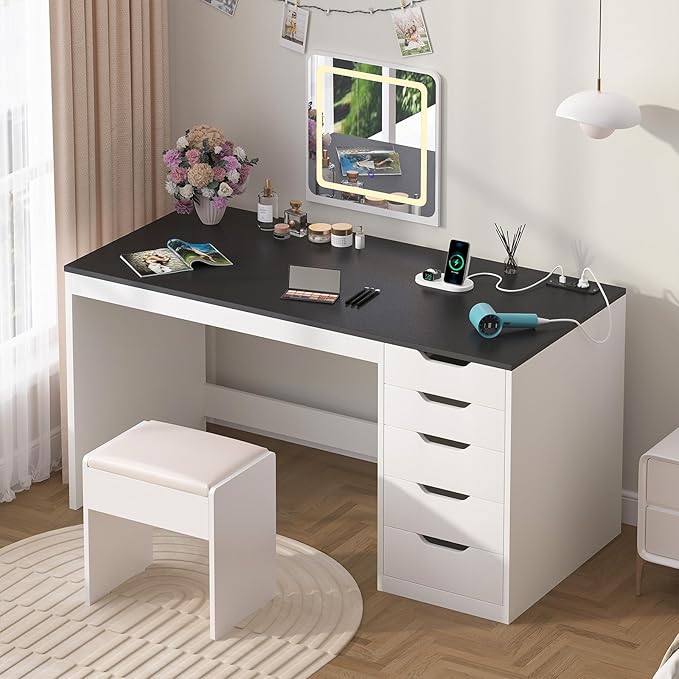 YOMILUVE 47 Inch Computer Desk with 5 Drawers and Power Outlets, Home Office Desks with Storage File Cabinet, Modern Simple Laptop Desk Writing Table for Small Spaces, Black and White