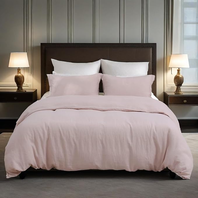 Simple&Opulence 100% Linen Duvet Cover Set, 3 PCS Natural French Flax Blush Pink Duvet Cover Full Size, Breathable Soft Comfy Linen Bedding Comforter Cover with 2 Pillowcases(Blush Pink, 78"x86")