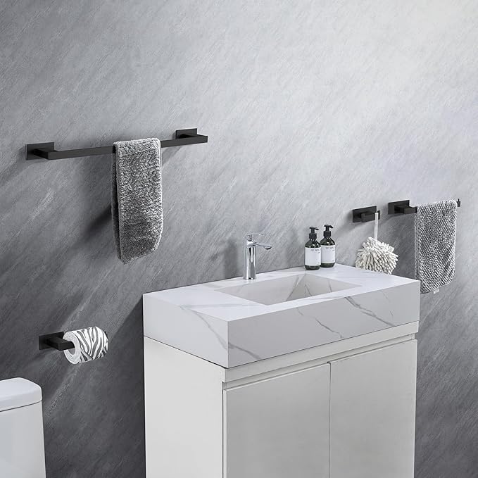 4-Pieces Bathroom Hardware Accessories Set, Towel Rack Towel Bar Toilet Paper Holder Towel Hook Self Adhesive Stainless Steel Towel Rack Set for Bathroom Wall Mounted, Matte Black 16 Inch