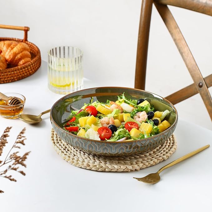 Sureasy 9.7" Pasta Bowls Set of 4-42 oz Large Salad Bowls for Kitchen, Embossed Ceramic Serving Bowls for Fruits, Soup, Pasta and Salad, Microwave & Dishwasher Safe, Green