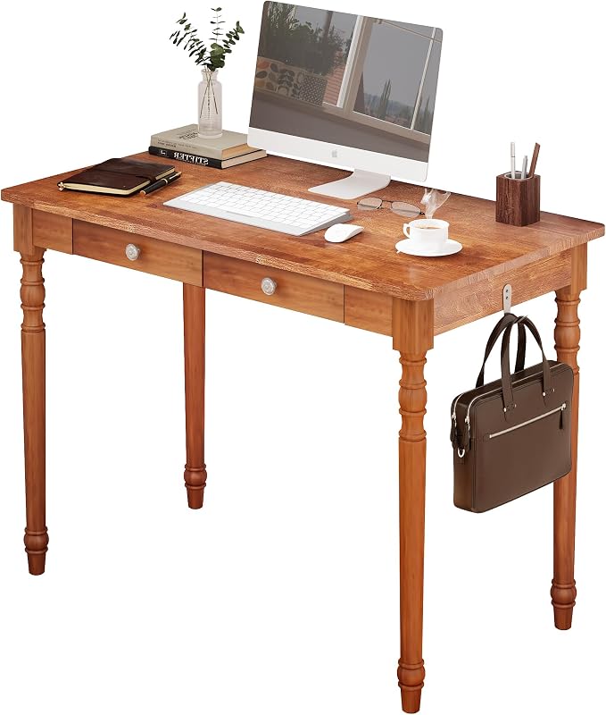 Mid Century Modern Desk, 39" Vintage Solid Wood Desk with 2 Drawers, Boho Writing Desk Computer Table for Home, Office, Bedroom, Living Room